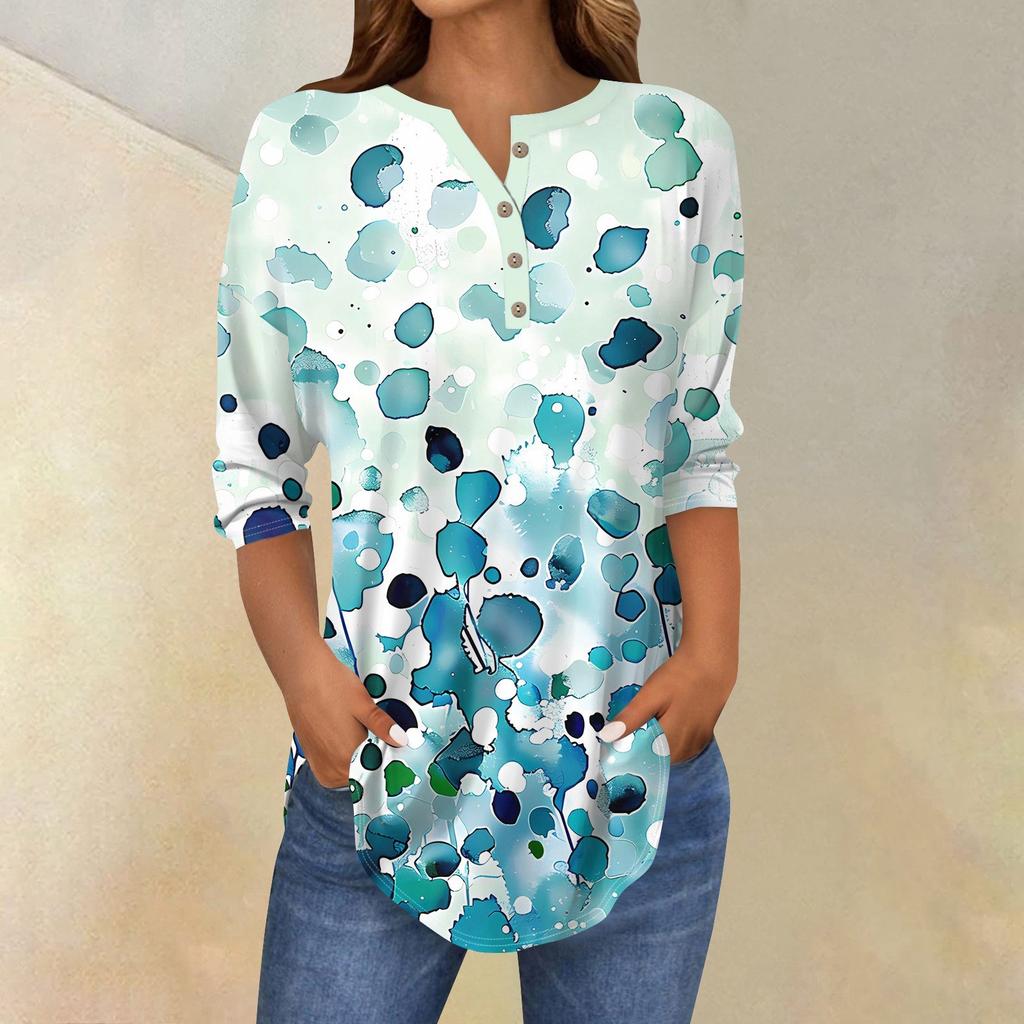 Рубашки с рукавом 3/4 для женщин, модные, повседневные, с круглым вырезом, с принтом, футболка, топ