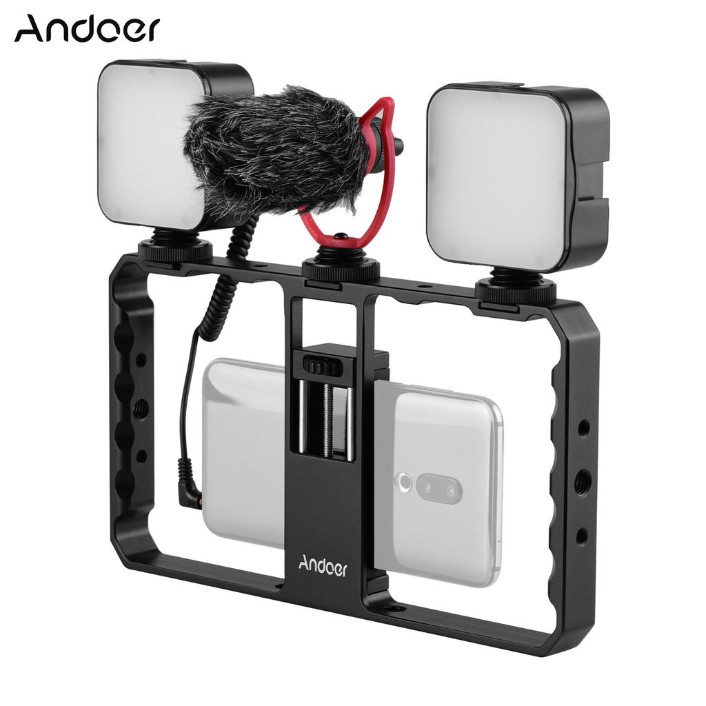 Andoer Smartphone Video Rig Grip with Rig Dual LED Light Microphone with Shock Mount for Vlog