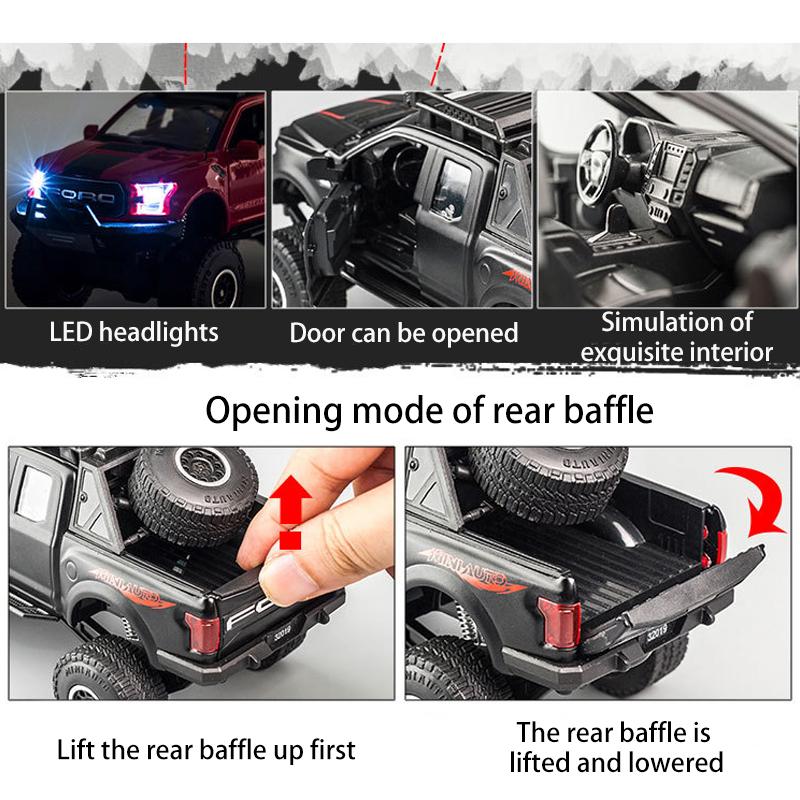 Масштаб 1/32 Ford Raptor F150, литая под давлением модель автомобиля, игрушечный автомобиль с откатным механизмом, звуком и светом для детей, коллекция подарков для мальчиков и девочек