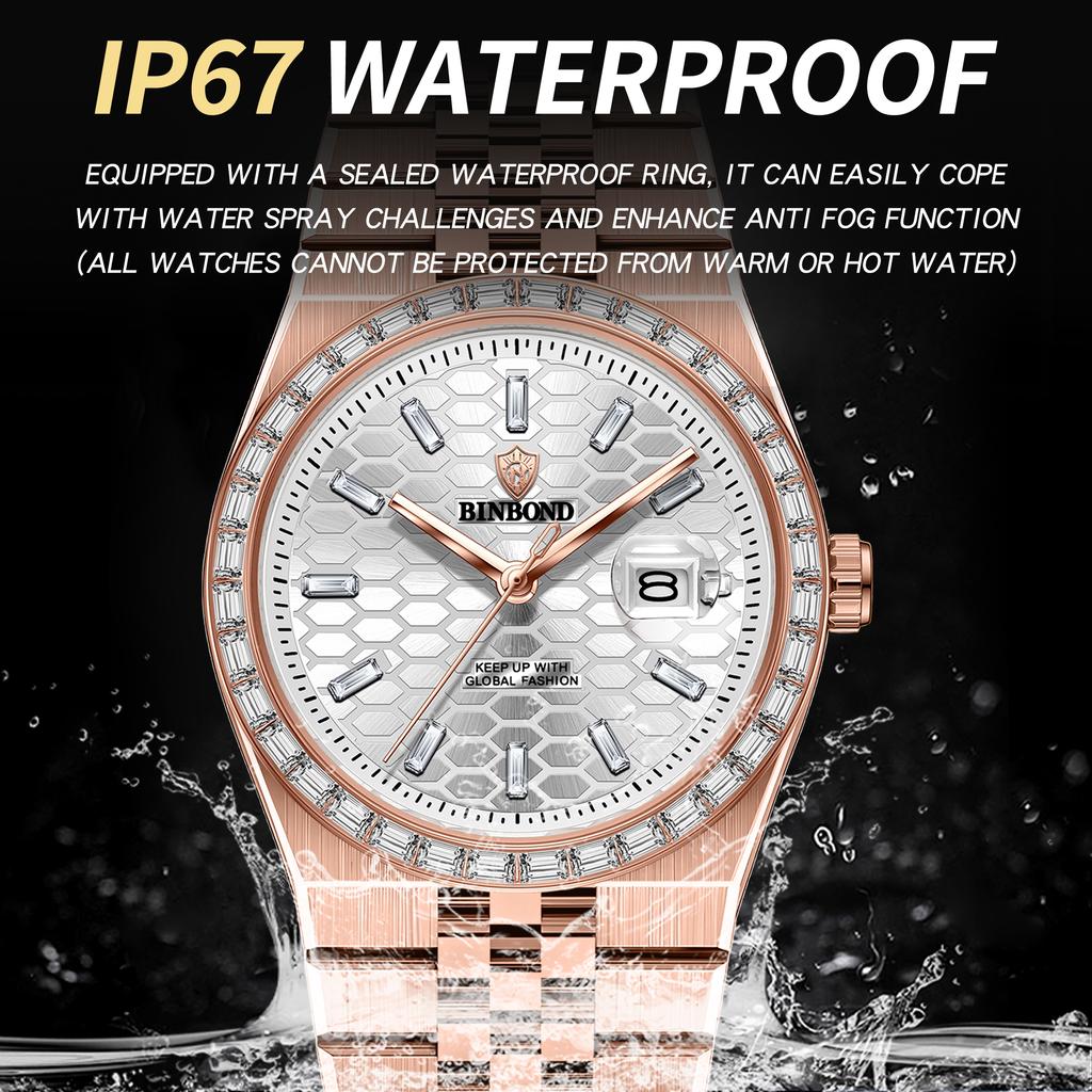 BINBOND Top Luxury Men's Quartz Watch Men's Diamond Watch Waterproof Night Light Date Week Stainless Steel Watch
