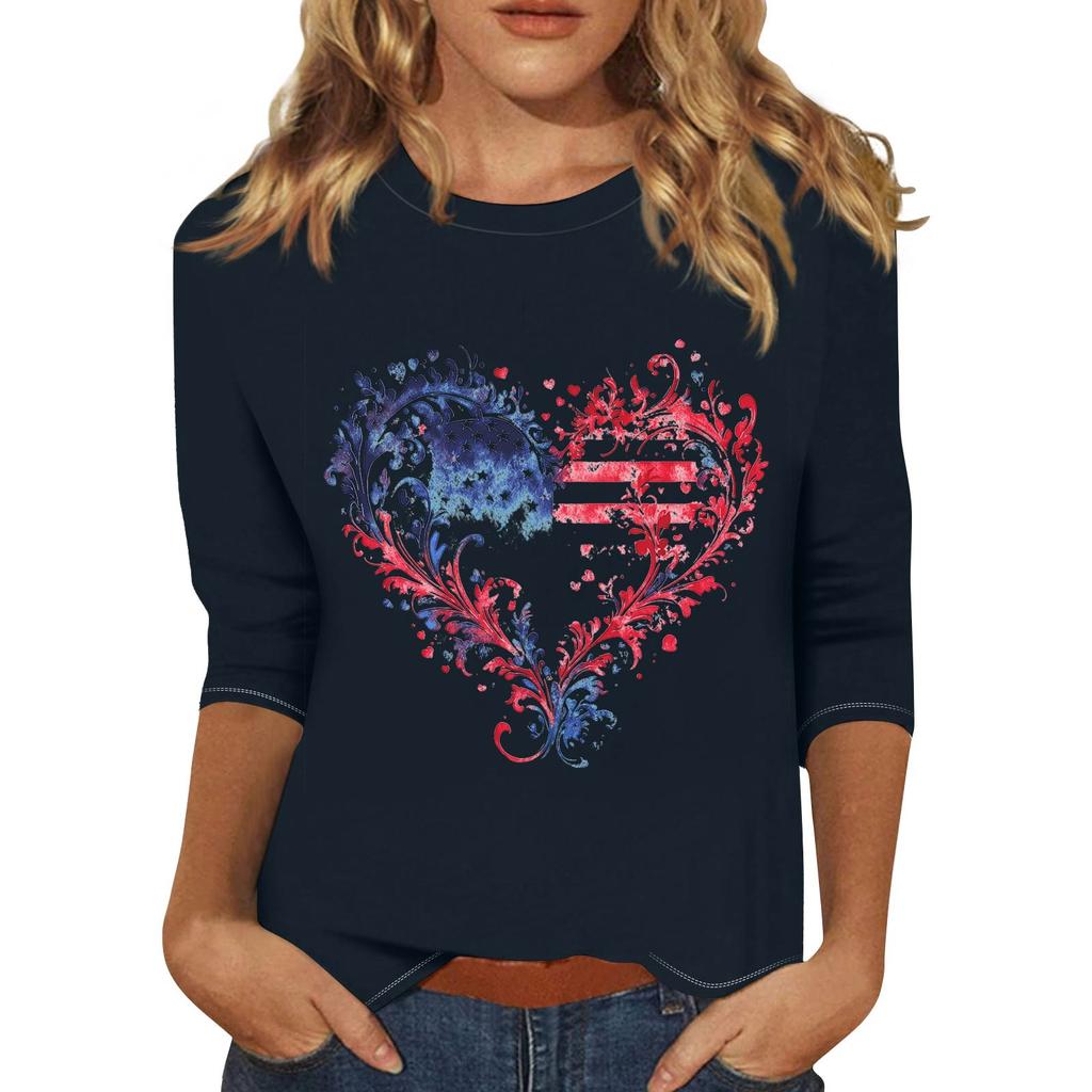 Women's Fashionable Casual Three Quarter Sleeve Printed Collar Pullover Top