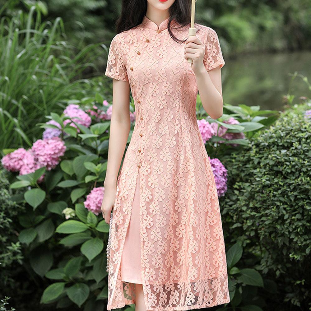 Кружевное повседневное платье Cheongsam средней длины с низким вырезом, облегающее платье больших размеров в китайском стиле Ao Dai