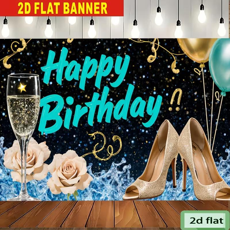 2D Black Teal Gold Happy Birthday Backdrop for Women, Birthday Party Background with High Heels & Champagne