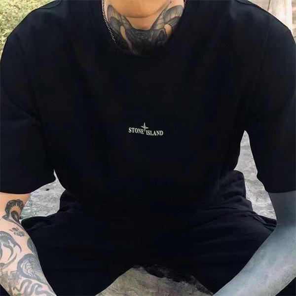 Men and Women Island Black Stone Graphic Short-sleeved T-shirt Cotton Summer Round Neck Clothing