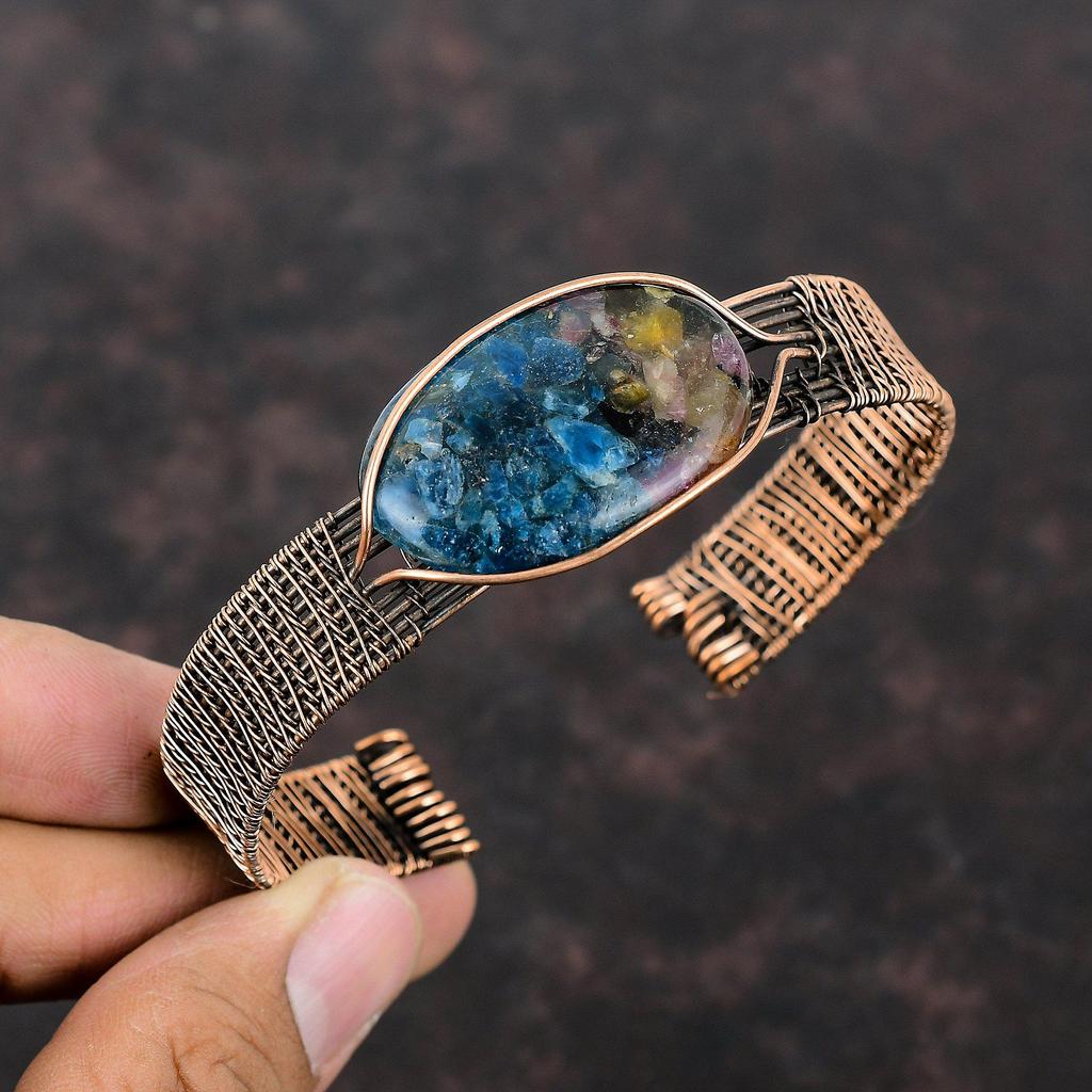Copper Watermelon Tourmaline Bangle Gemstone Copper Wire Wrapped Bracelet Adjustable Bangle Handmade Unique Bangle Wire Wrap Jewelry Gifts