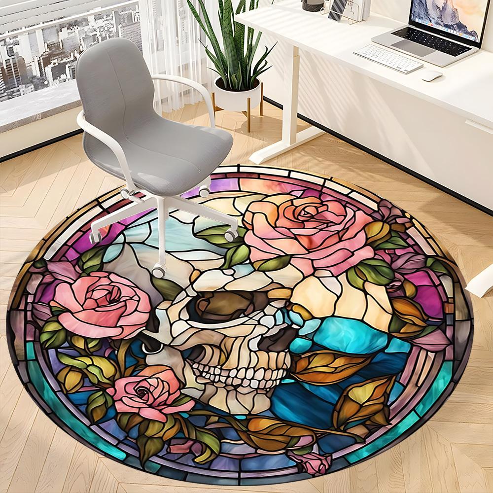 1pc Stained Glass Skull Roses Office Round Rug, Non-slip, Soft and Durable Office Rug for Interior Decoration, Perfect for Office yy260204027