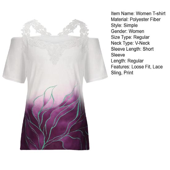 Женская футболка с V-образным вырезом, кружевом, открытыми плечами, коротким рукавом, повседневные свободные топы с цветочным принтом, официальная летняя футболка