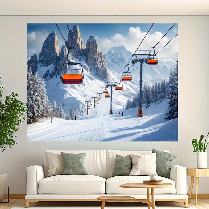 One-person winter ski resort party banner - alpine landscape background, snow slopes, ski lifts and orange cabins