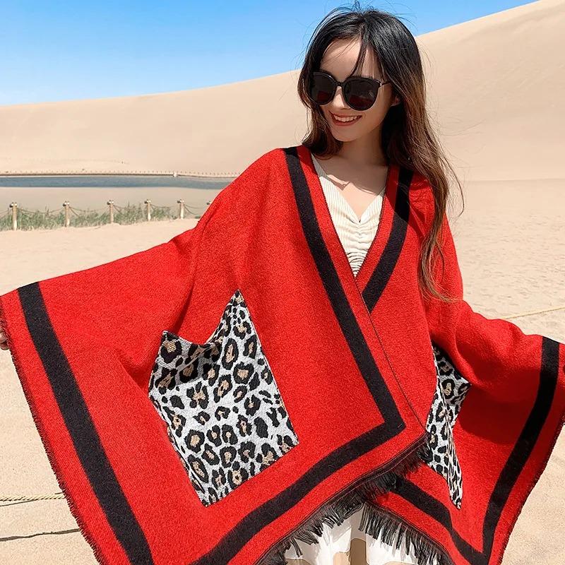 21 Style Big Pendulum Cloak With Hat Arabic Poncho Women Leopard Pocket Shawl Cape Knitted Middle East Split Thick Warm Blanket