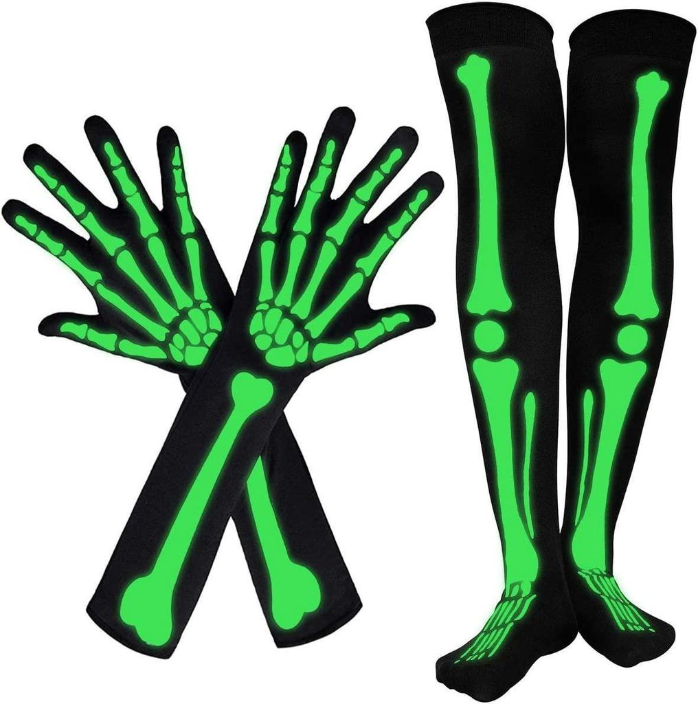 Ghost Festival Skeleton Costume Accessory Skeletal-print Knee-high Socks And Long Gloves Glow-in-the-dark Pattern Halloween Set