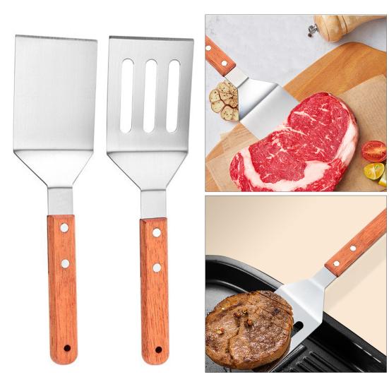 Stainless Steel Frying Spatula Set with Wooden Handle Heat Resistant Solid Turner