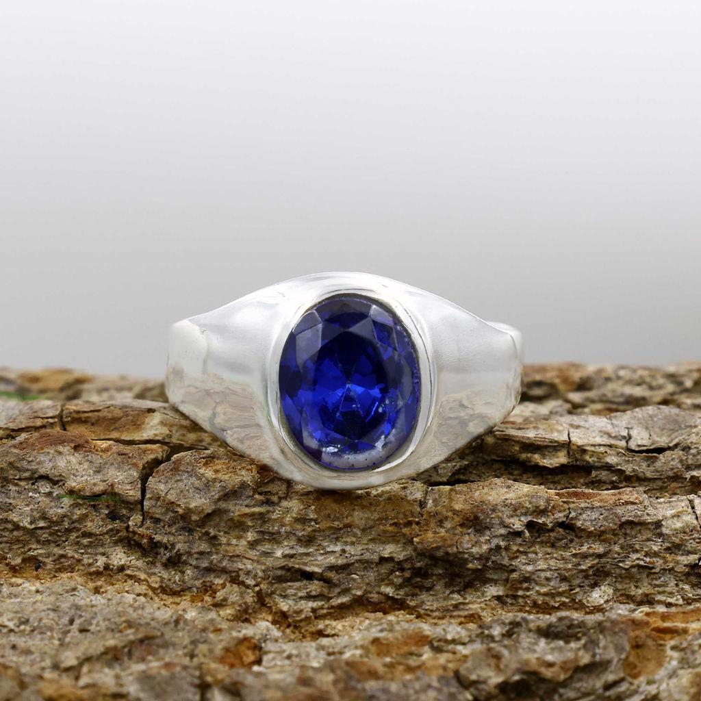 Blue Sapphire Lab Created Gemstone Ring, Mens Ring, Wedding Engagement Ring, Father Gift, Unisex Ring, 925 Sterling Silver
