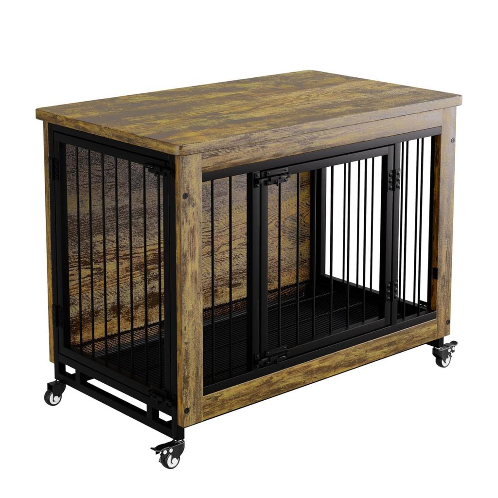 38 Inch Dog Crate Furniture Wooden Dog Kennel End Table with 3 Doors Locking Wheels Removable Tray Divider Indoor Pet Cage Side Table for Small