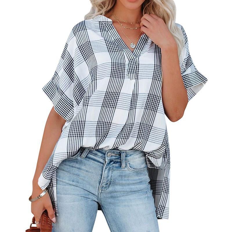 YYFS Women's Fashion Casual Summer Spring Solid Color Print Short Sleeve V-Neck Blouses & Shirts