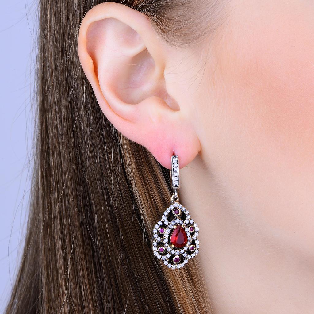 Комплект серебряных украшений с рубиновым камнем в османском стиле, аутентичный турецкий комплект ювелирных изделий ручной работы - рубиновое кольцо, серьги, ожерелья в винтажном стиле