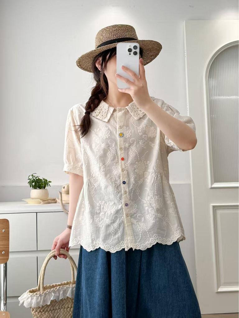 Летняя женская рубашка с воротником Питер Пэн 2025: Модная, Универсальная, Свободная, Стройнящая, Омолаживающая, Блузка с коротким рукавом