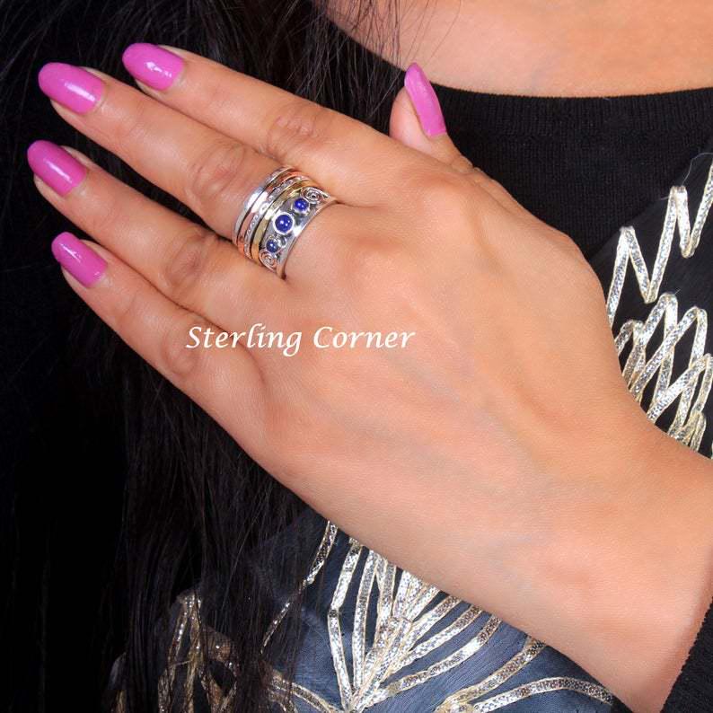 Богемное винтажное кольцо из тайского серебра с лазуритом и гравировкой