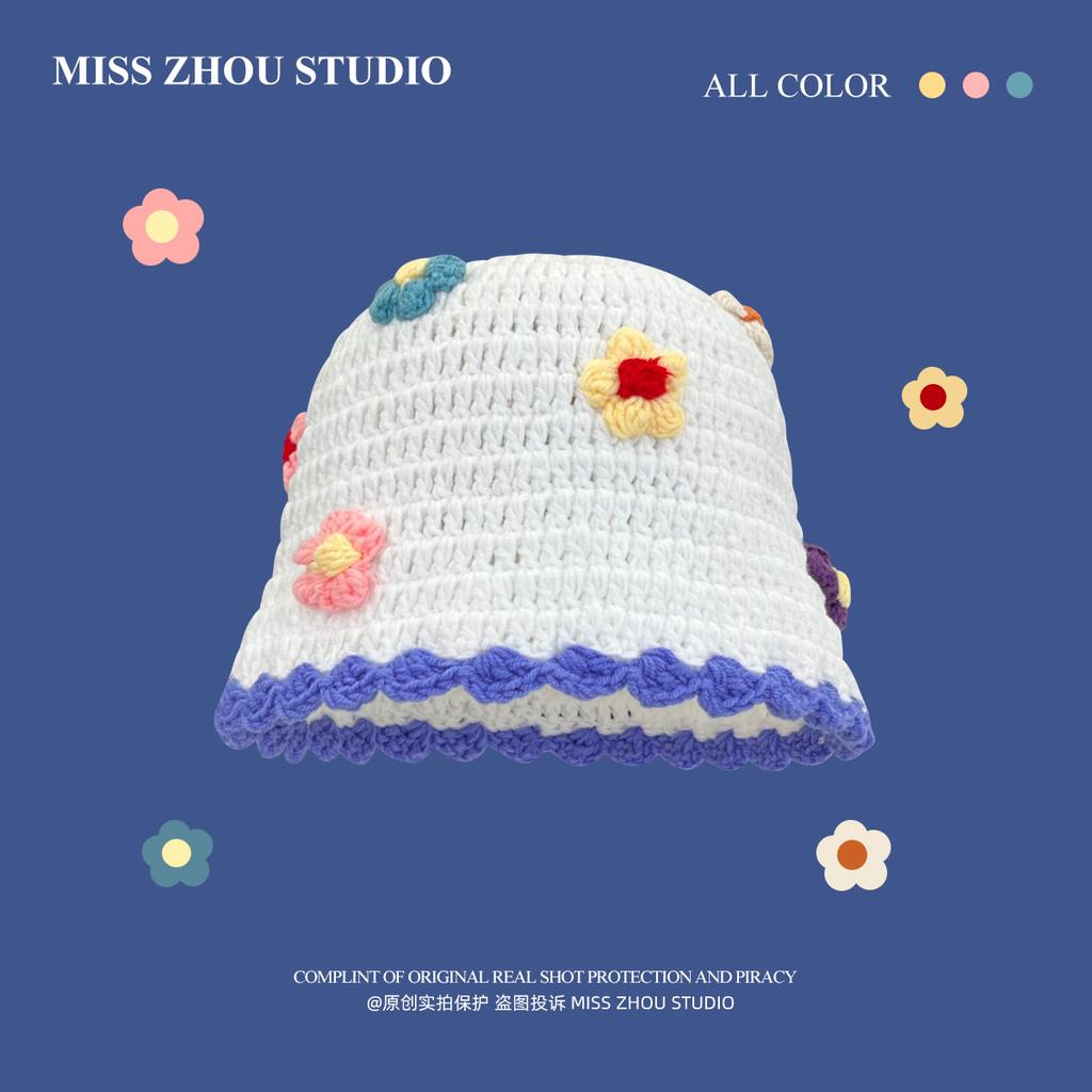 Japanese Sweet Flower Knitted Bucket Hats for Women Autumn and Winter Warm Cute Show Face Small Versatile Retro Basin Caps