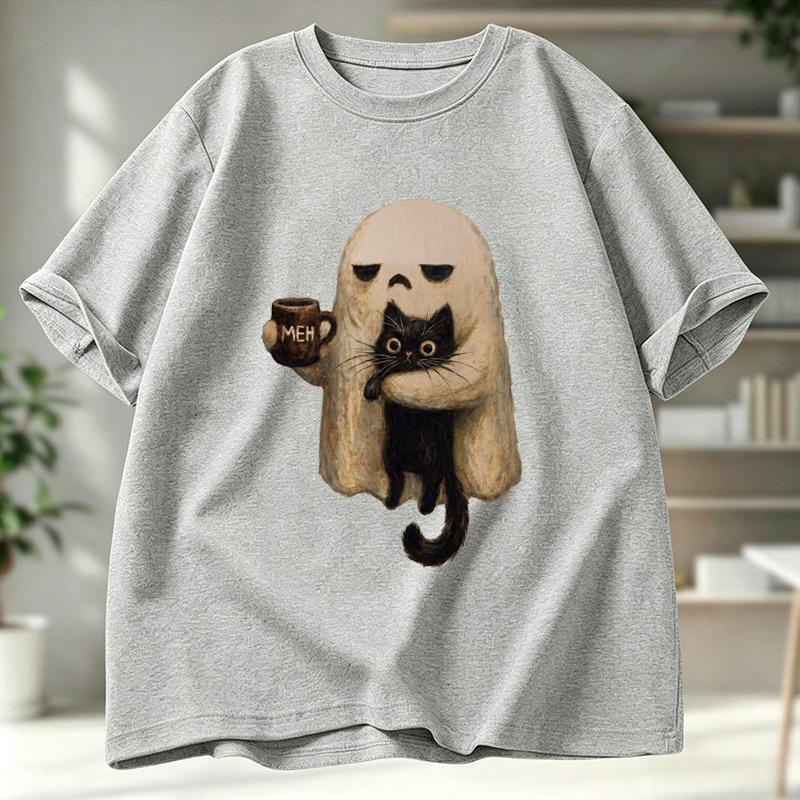 Ghost Holding Black Cat With Coffee Cup Vintage Art Print Graphic Womens T Shirt Short Sleeve Crew Neck Casual Ladies Tee Tops