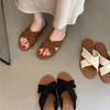 Flat-bottomed retro cross slippers women's shoes 2024 summer outer wear beach slippers flat-bottomed soft-soled one-word drag