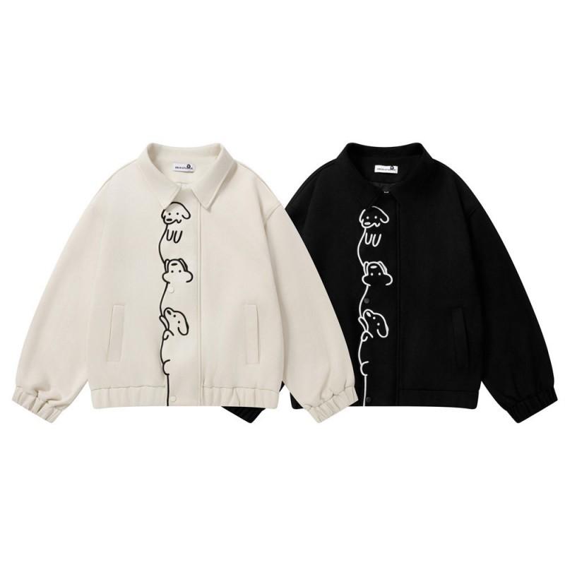 Mens Cartoon Embroidered Lapel Jacket Loose Fit Street Style Casual Outerwear
