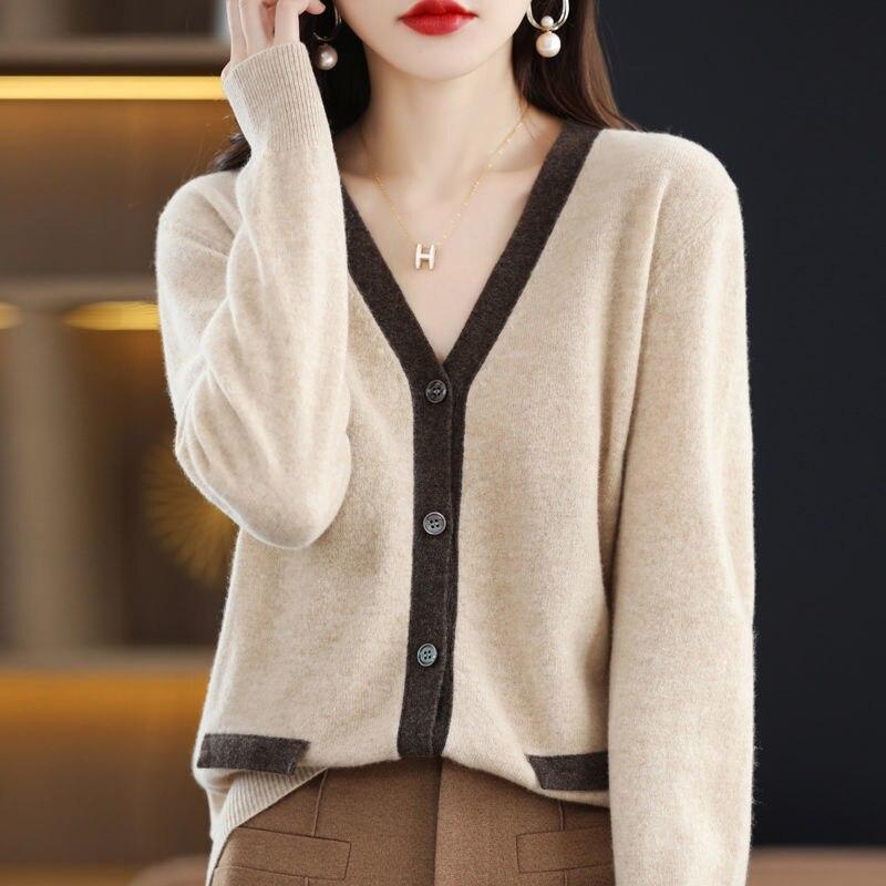 Кардиган-свитер, осенне-зимний женский контрастный вязаный кардиган, свободная вязаная рубашка с v-образным вырезом в западном стиле, свитер с длинными рукавами
