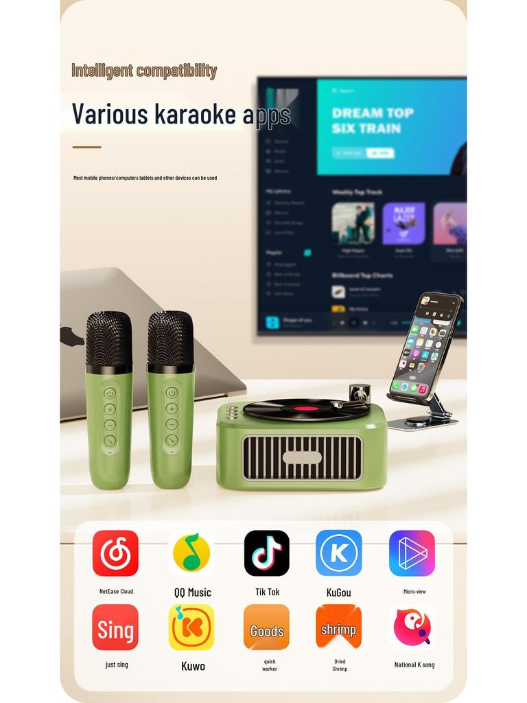 Ретро виниловый проигрыватель с Bluetooth-динамиком и беспроводным микрофоном - Ультрамаленький и высококачественный, идеальный фестивальный подарок