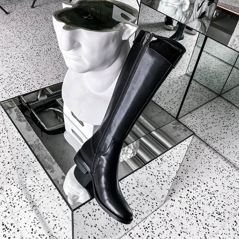 Krazing Pot Обувь из натуральной кожи Осень-зима на низком каблуке Сапоги для верховой езды с круглым носком Сохраняют тепло Сапоги без застежек с металлической пряжкой Высокие сапоги