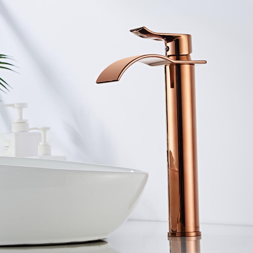 Rose Gold Basin Faucet Waterfall Faucet Brass Bathroom Faucet Bathroom Basin Faucet Mixer Tap Hot and Cold Brass Sink Faucet