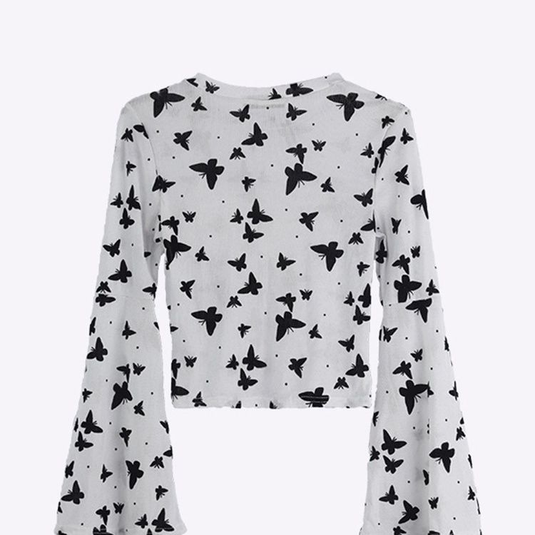 Футболка с длинными рукавами и рисунком в виде рогового рукава, женская летняя короткая футболка с принтом бабочек Spicy Girl