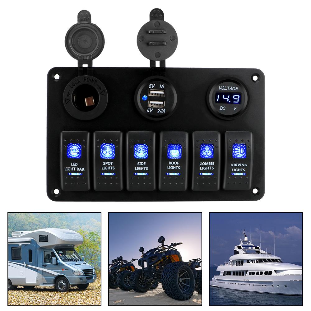 6 Gang Rocker Switch Panel Car Marine Circuit Breaker Dual USB Ports LED Digital Voltmeter DC 12V/24V ON/OFF Lights Waterproof