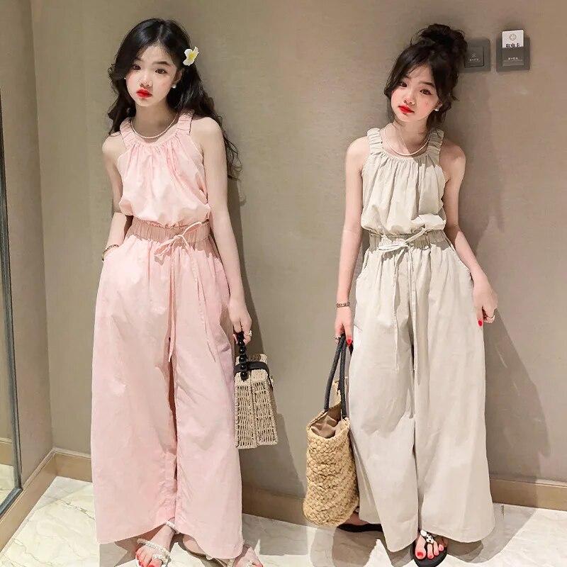 Summer Teen Girls Clothing Sets Children Fashion Princess Tops + Wide Leg Pants 2Pcs Outfits Kids Tracksuit