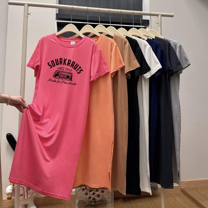 Новое платье с коротким рукавом свободного кроя, повседневное платье-футболка до колена, универсальное длинное платье средней длины, стройнящее для женщин летом