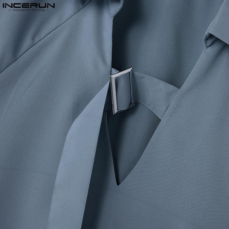 INCERUN Летние мужские однотонные повседневные футболки с коротким рукавом и металлической пряжкой на шее