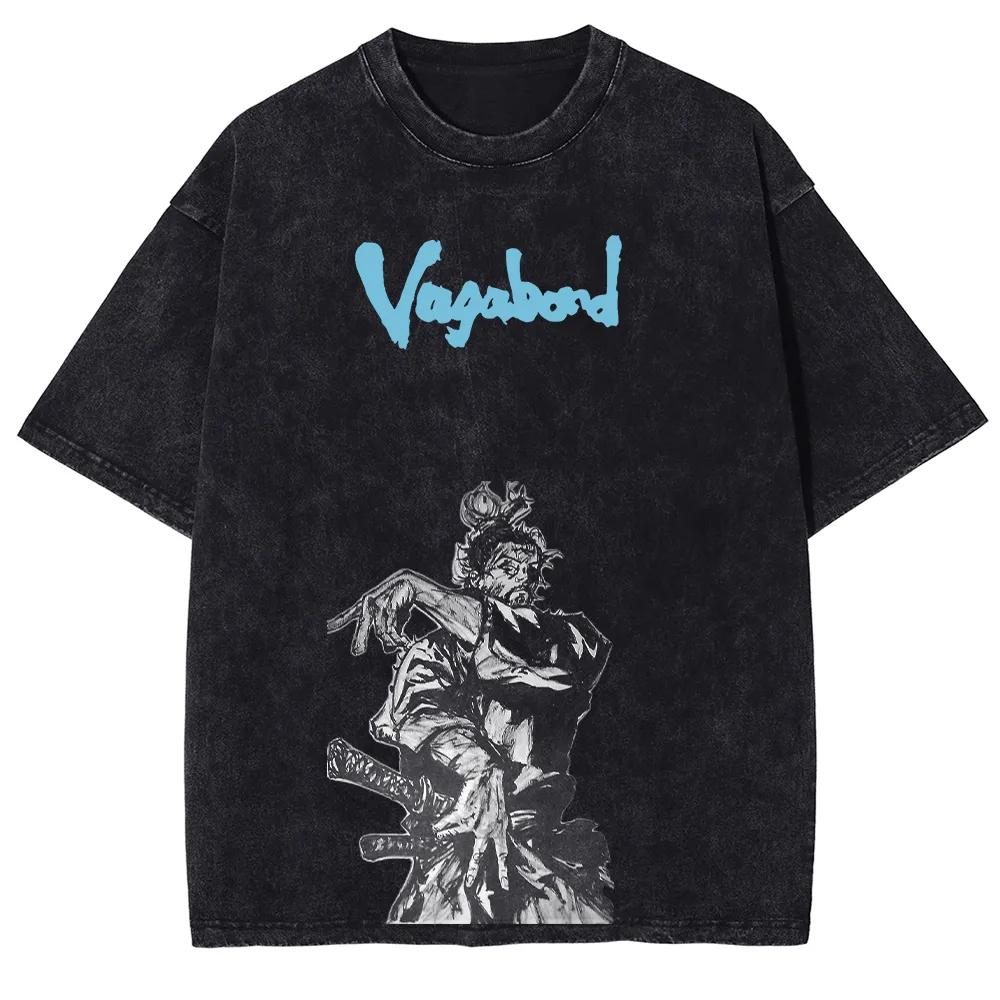 Washed Tee Anime Vagabond Miyamoto Musashi Manga T-shirt Men Women Vintage Washed Oversize Harajuku Fashion Top Summer Cotton Soft New Tee oversize15