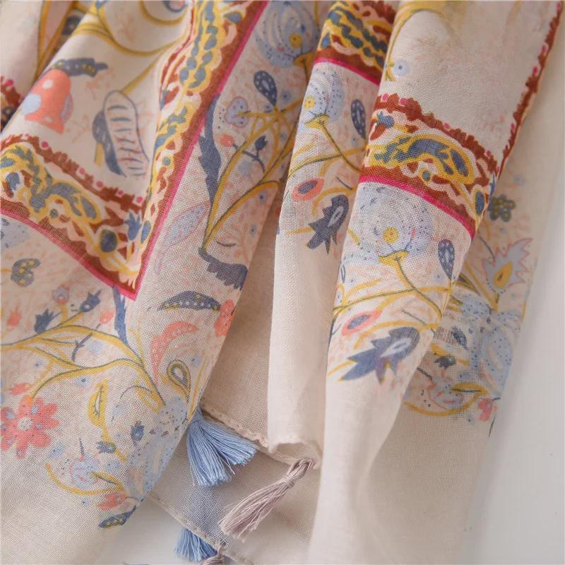 Новый бежевый цветочный шарф и солнцезащитная шаль из хлопка и льна для женщин — идеальный вариант для летнего отдыха на море и пляжа