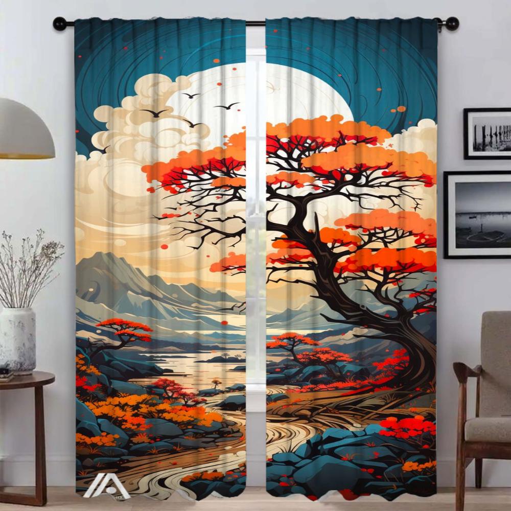 Curtains for Living Room Curtain for Room 2 Panel Sun Moon and Tree Home Interior Curtains Partition Halloween Decoration Shades