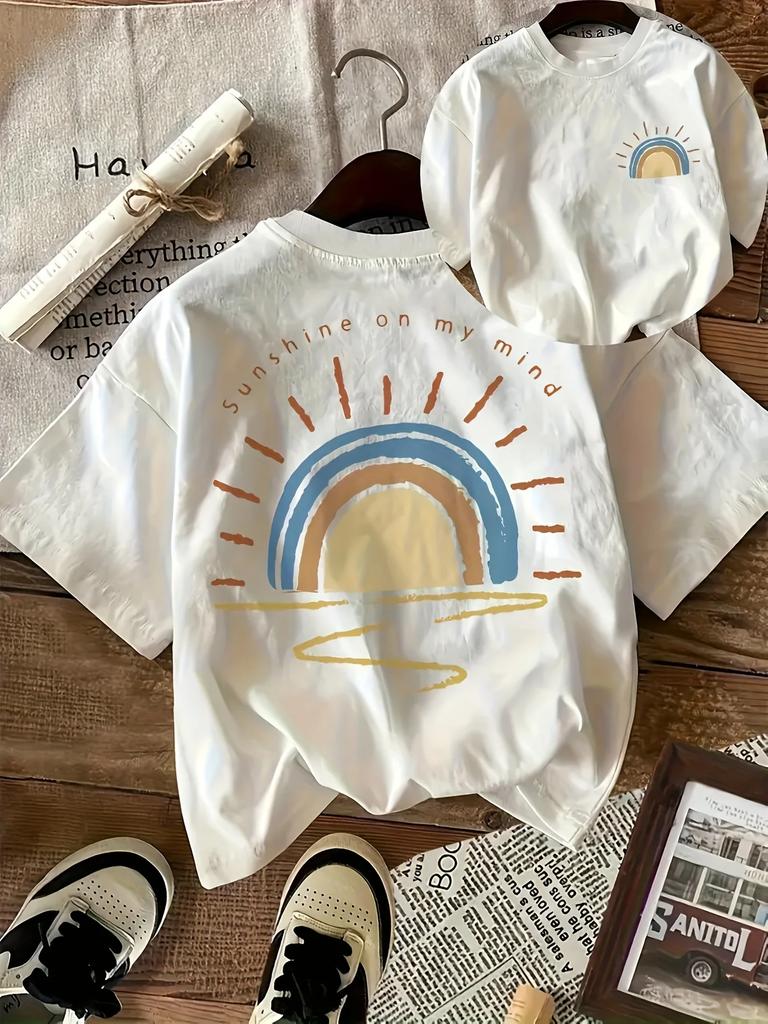 Футболка с круглым вырезом и короткими рукавами с принтом граффити «Солнечный свет», в повседневном и простом стиле, подходит для лета, женская повседневная одежда