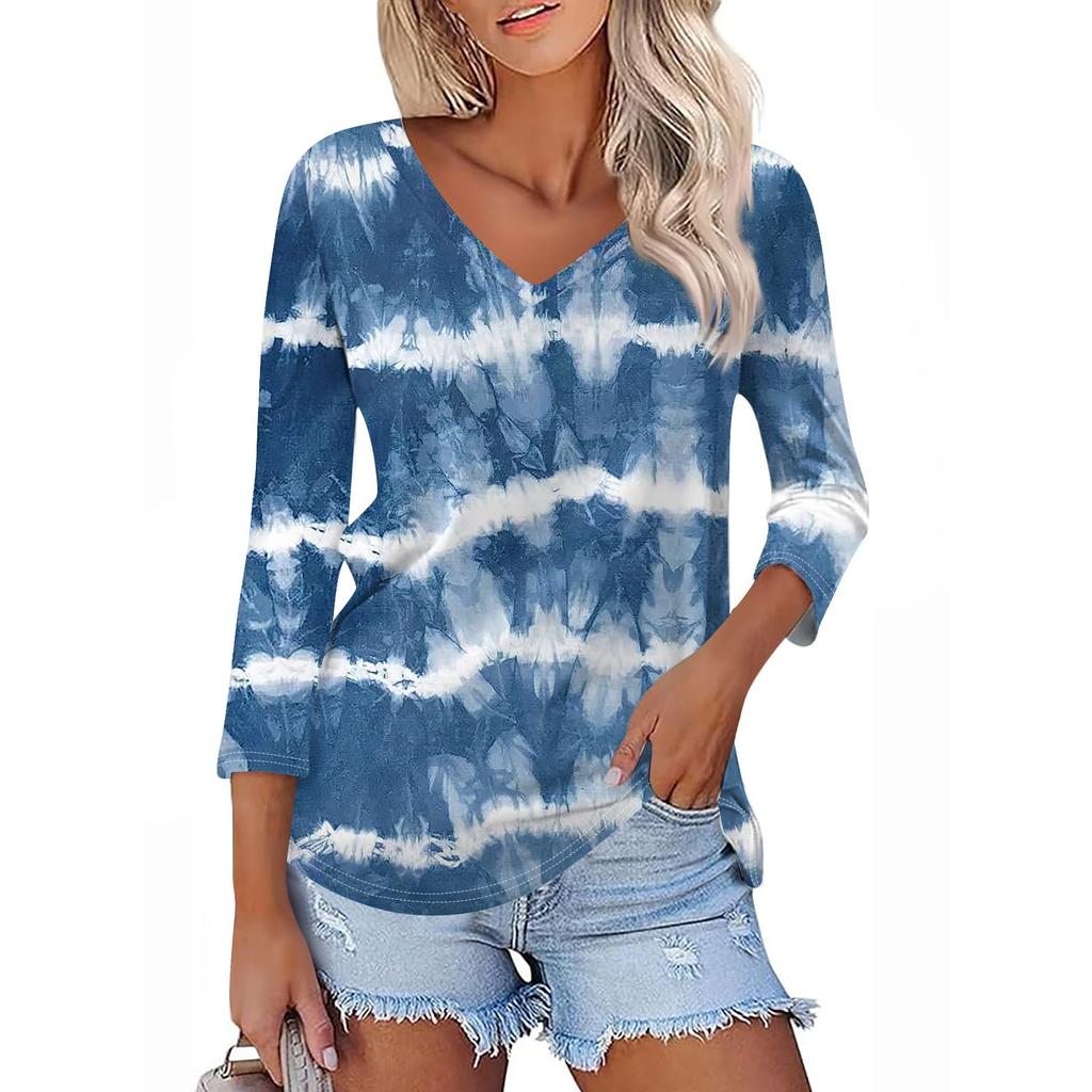 Женская футболка Футболка с принтом Рукав 3/4 Повседневные Выходные Мода Классический V-образный вырез Обычный Топ