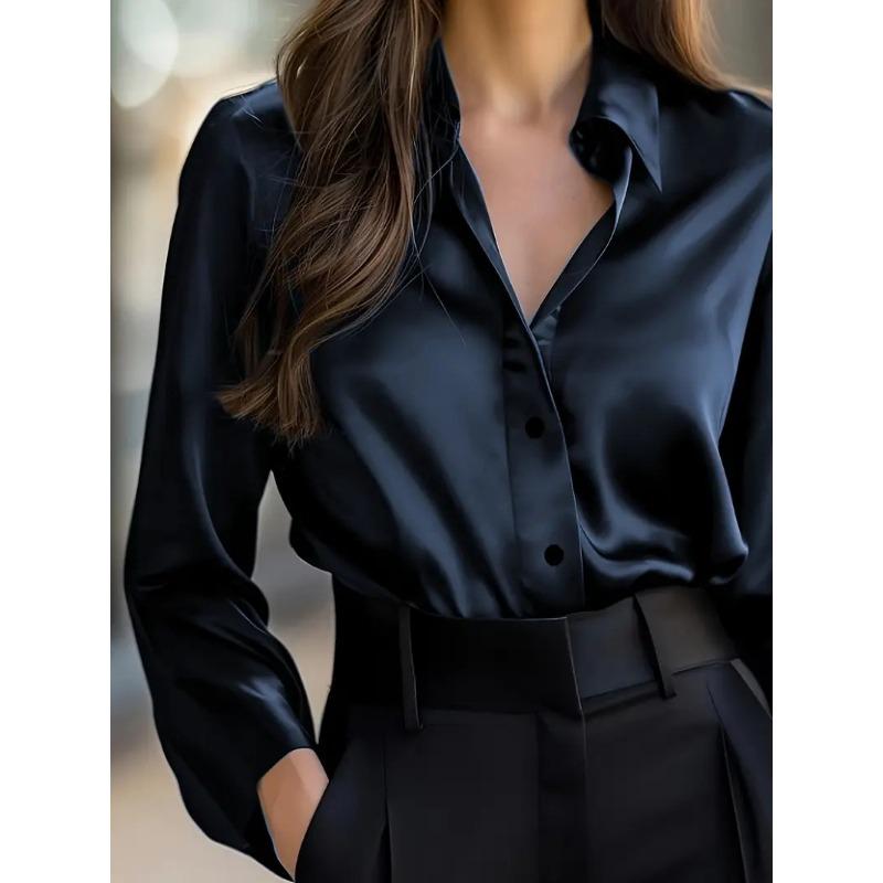 Women S Long Sleeve V Neck Button Down Solid Color Elegant Blouse