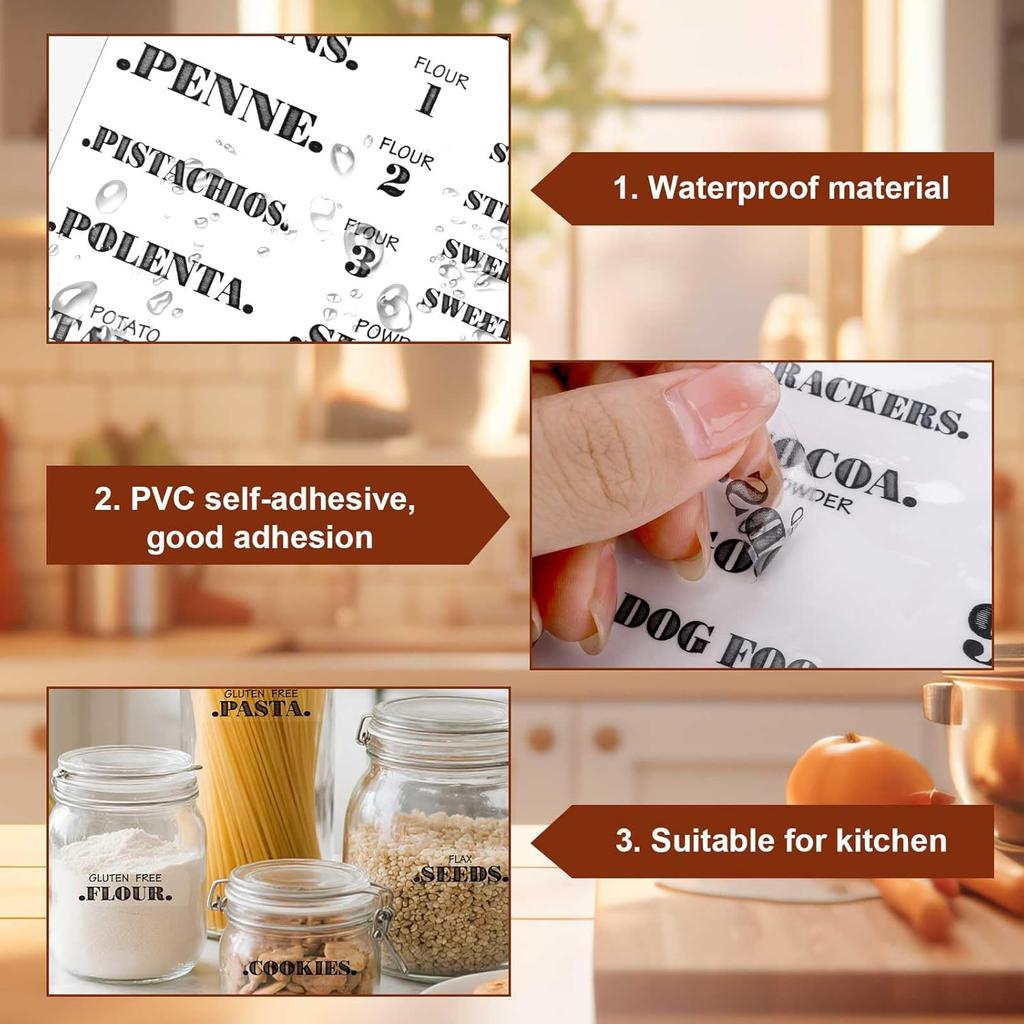 6 Sheets Pantry Labels for Containers, Waterproof PVC Food Storage Labels Self-Adhesive Spice Stickers for Kitchen Organizing