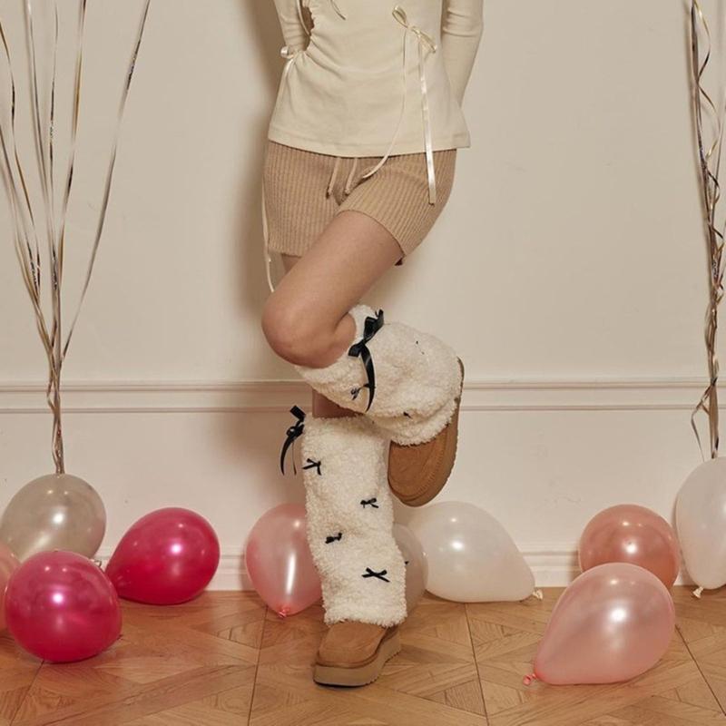 Bow Furs Leg Warmer Winter Furry Long Boot Cuffs Fuzzy Shoe Cover Party Costume for Holiday Festival Performances Play