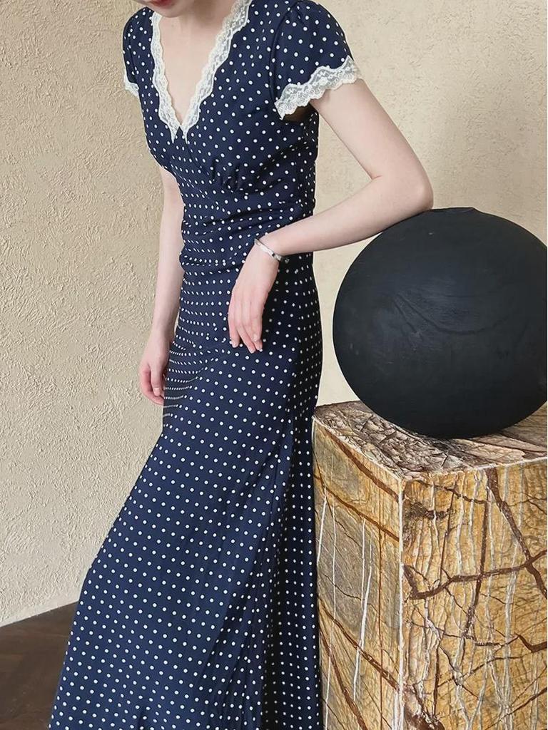 Летнее платье Luxi с V-образным вырезом и французским кружевом в горошек - облегающая длинная юбка