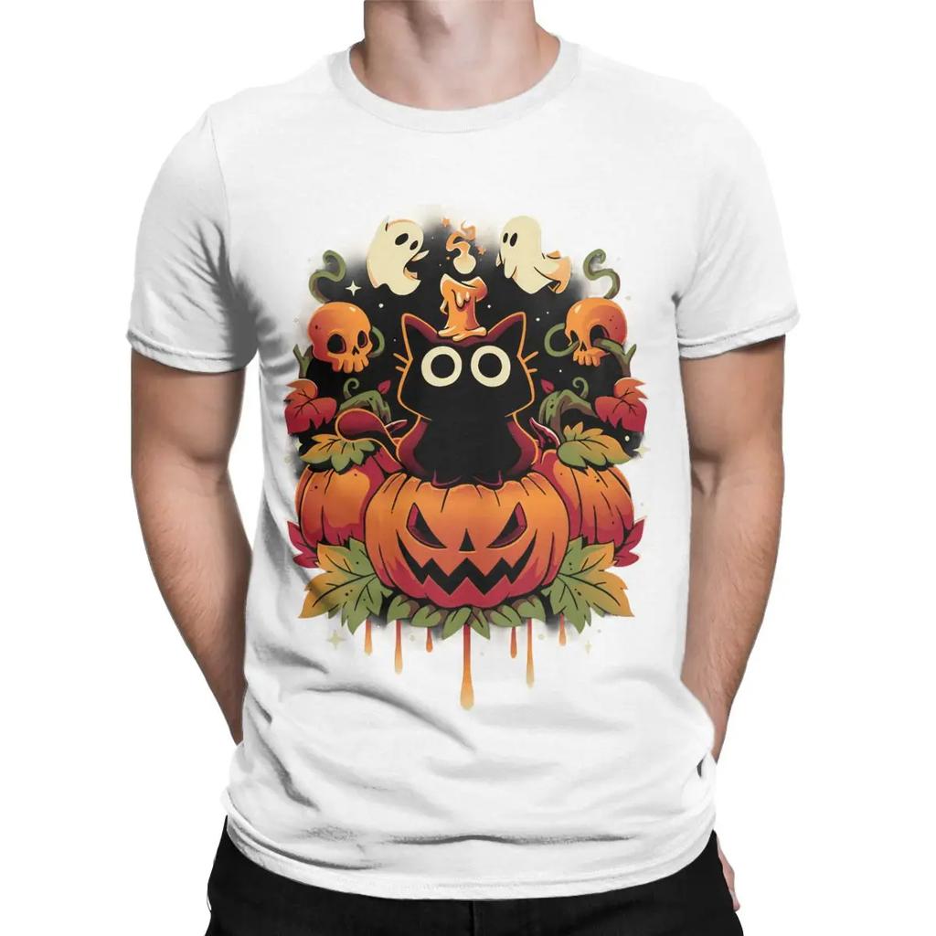 Novelty HALLOWEEN TRICK Black Cat T-Shirts Men Crewneck 100% Cotton T Shirts Cute Ghost Pumpkin Short Sleeve Tees Party Clothing