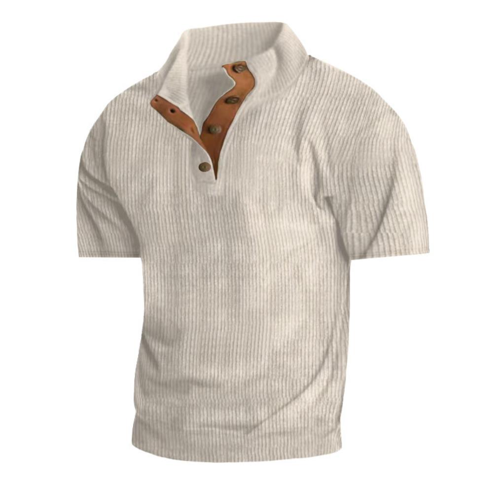 Men's Summer Casual T-shirt Button Stand-up Collar Tees Solid Color Loose Corduroy Short Sleeves Soft Skin-friendly