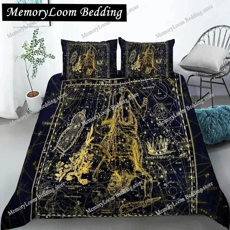 3D Constellation Duvet Cover Yellow Constellation King Size Bedding Set for Astronomy Enthusiast Soft Polyester Quilt Cover