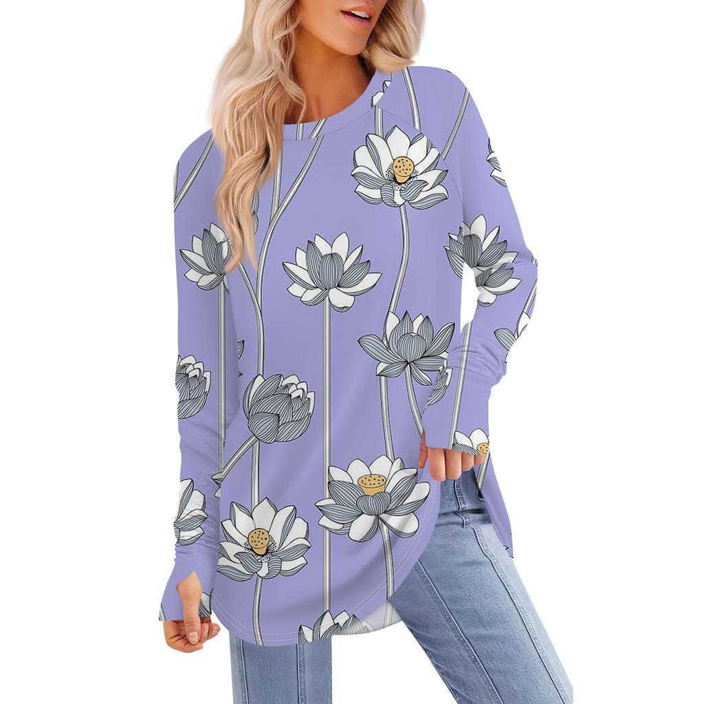 Женская футболка с принтом, круглым вырезом, свободная, с длинным рукавом, средней длины, с отсутствующим большим пальцем