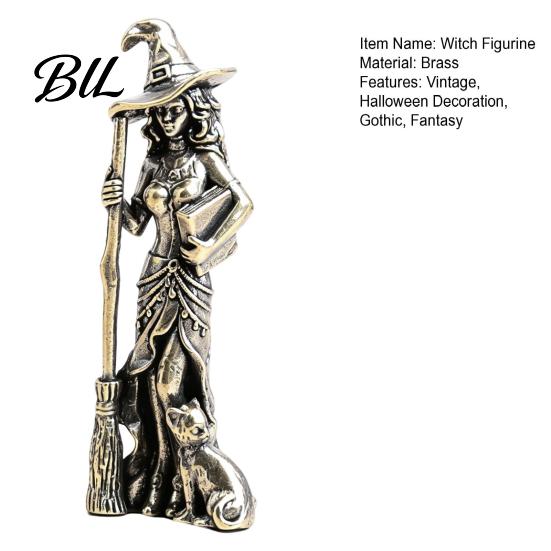 Handcrafted Brass Witch Craft Statue with Cat, Vintage Metal Figurine, Collectible Fantasy Solid Wizard Ornament Halloween Desk for Gothic Home