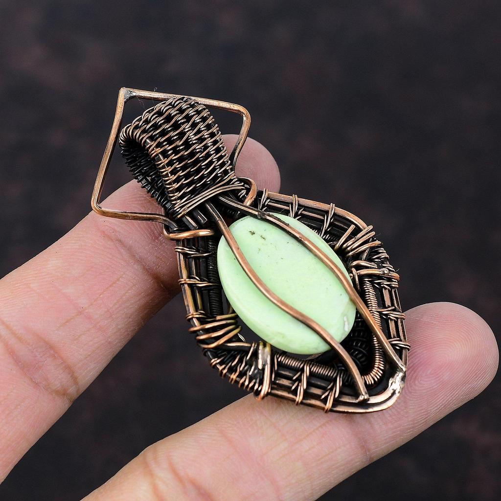 Кулон с лимонным хризопразом, медная проволока, кулон, драгоценный камень, медные украшения, уникальный кулон, проволочная обмотка, ювелирные изделия с хризопразом, кулон ручной работы