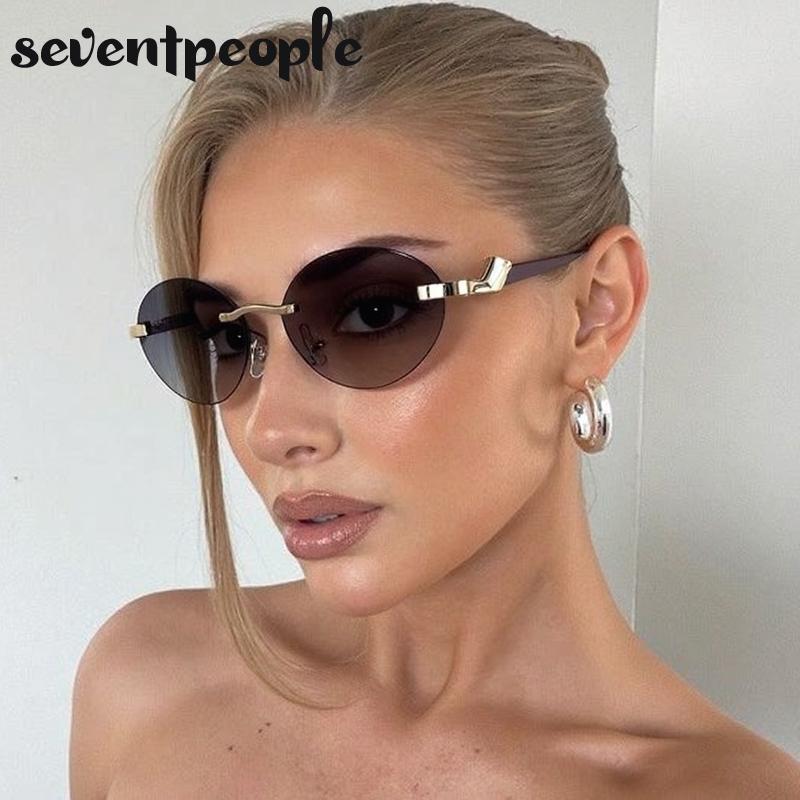Small Frame Oval Rimless Sunglasses Women Luxury Brand Vintage Frameless Punk Sun Glasses For Ladies Trendy Outdoor Shades